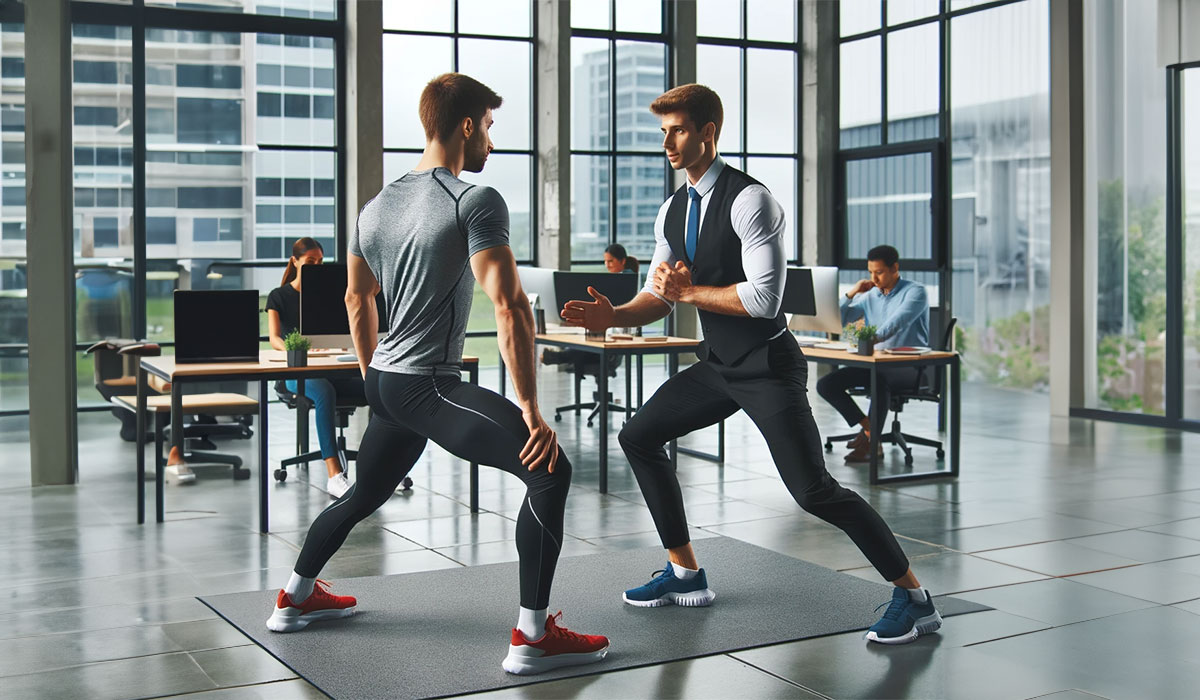 a professional personal trainer guiding an employee through a workout routine in their modern office setting
